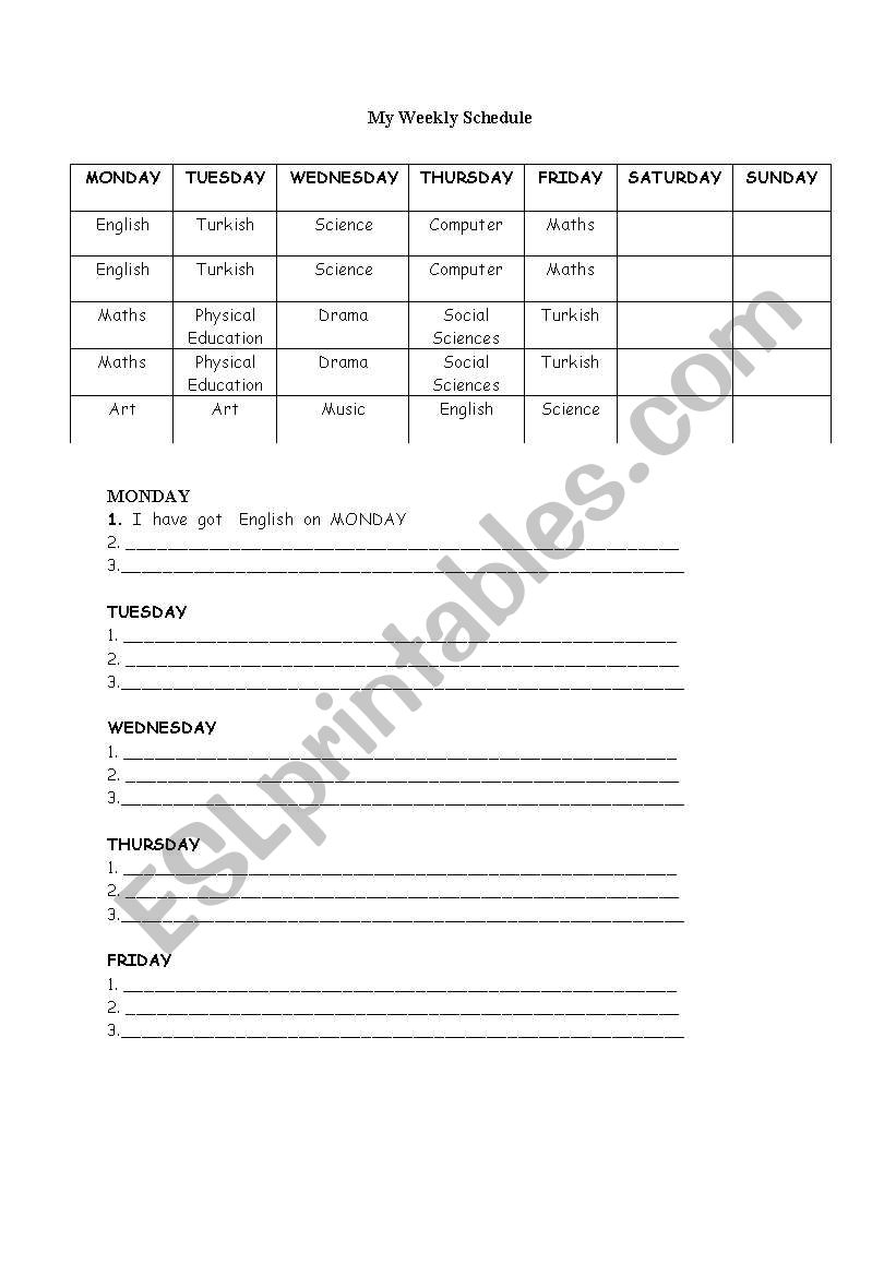 weekly schedule worksheet