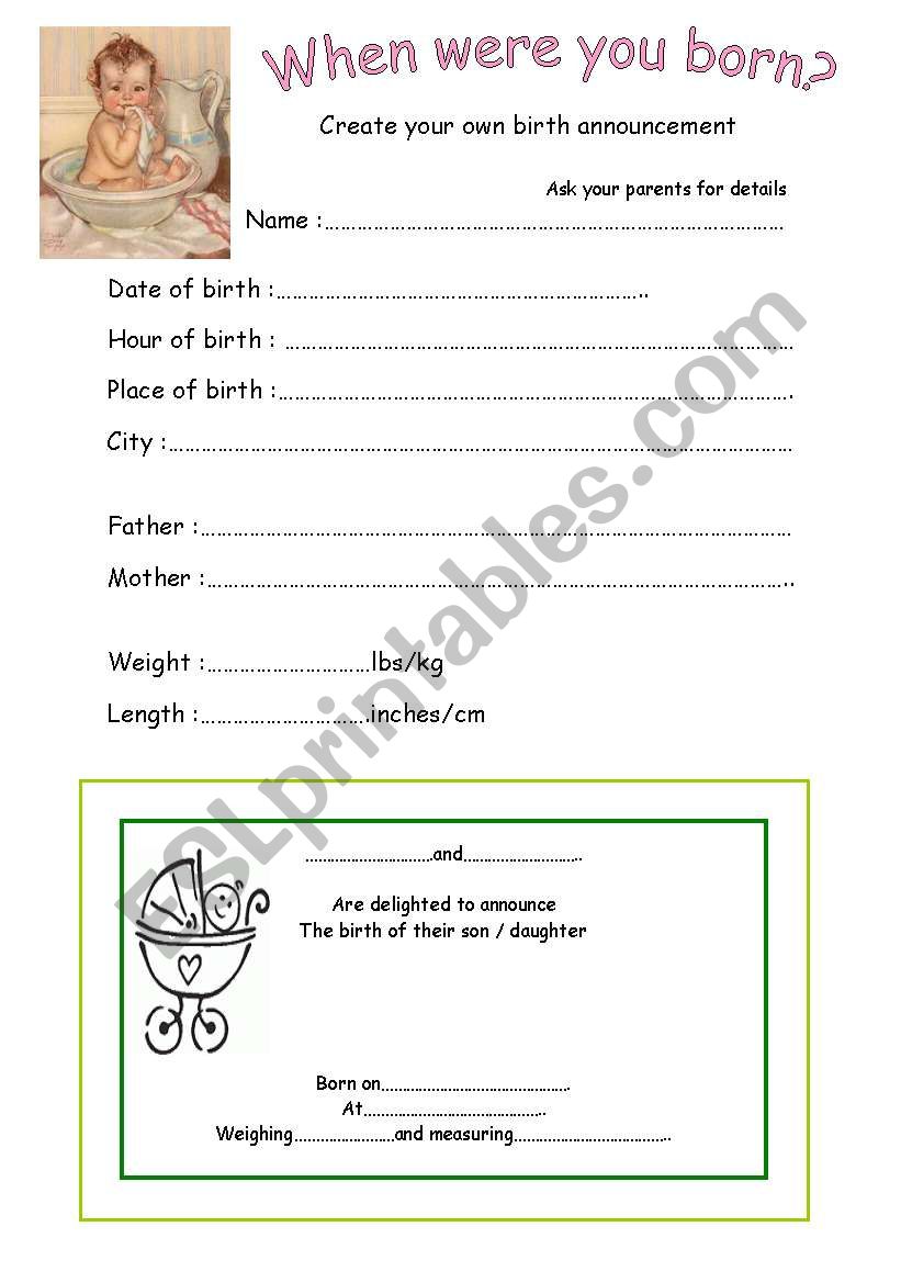 Birth announcement worksheet