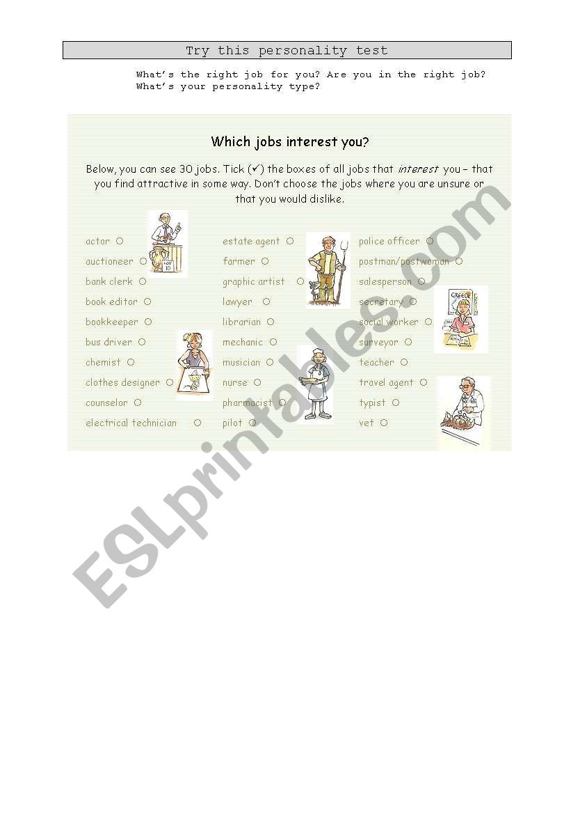 Personality Test - Jobs worksheet
