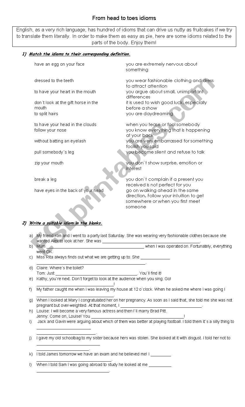 From Head to Toes Idioms worksheet
