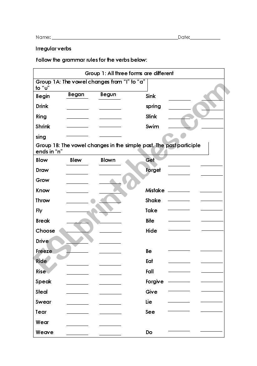 Irregular verb chart worksheet