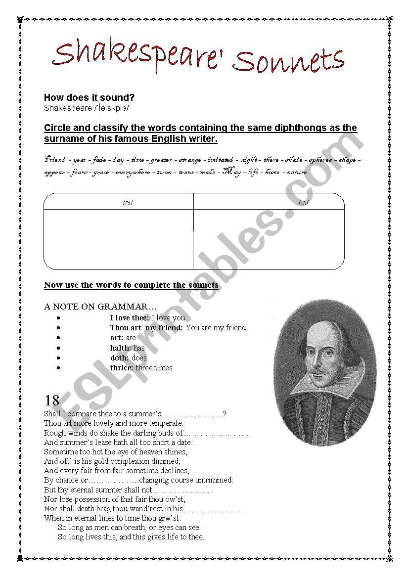 Shakespeare´s Sonnets - ESL worksheet by agusjavier