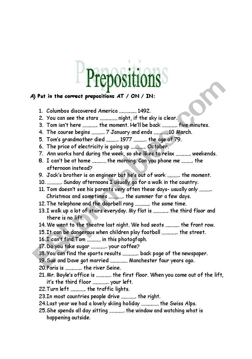 Prepositions worksheet