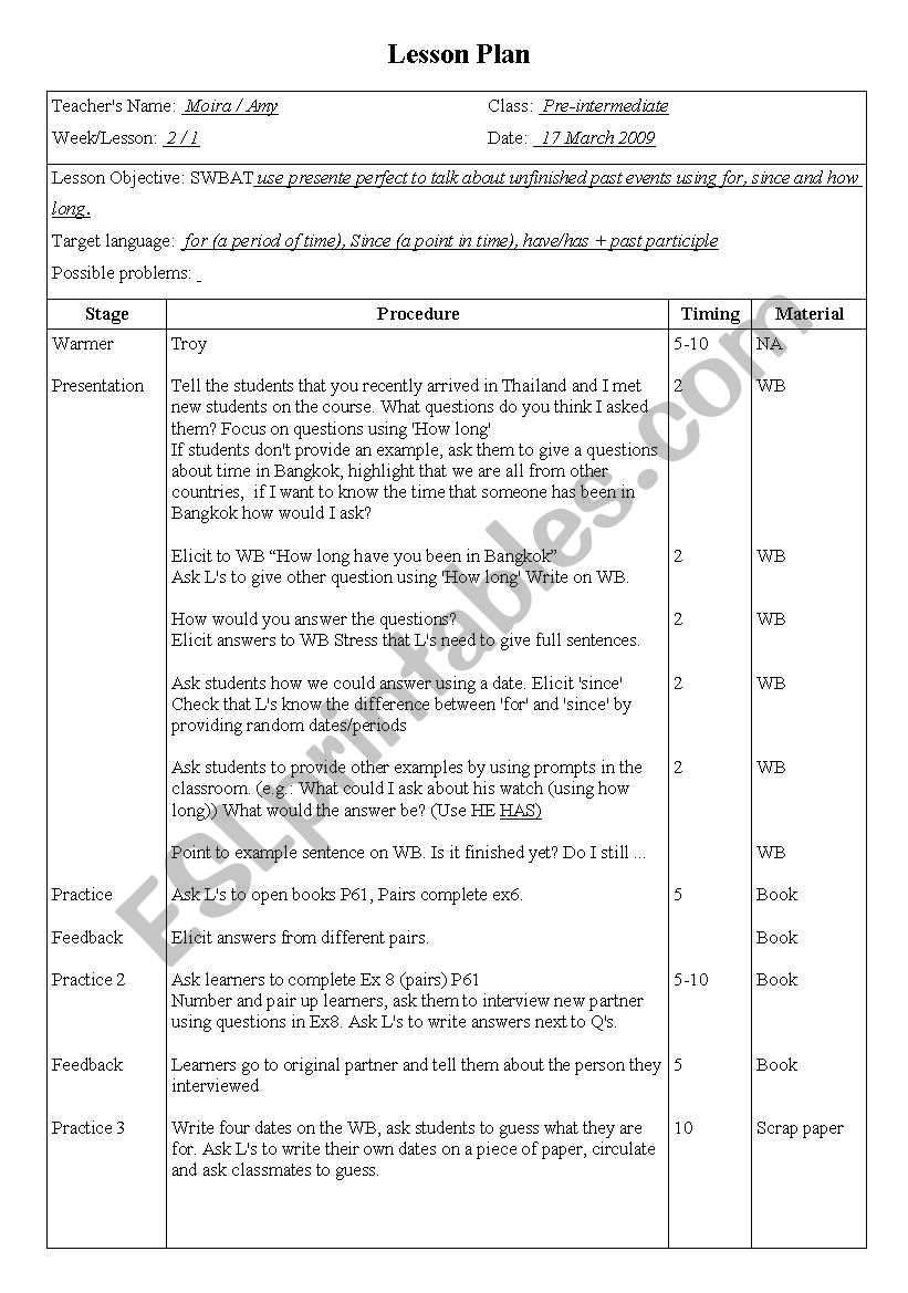 English Worksheets Lesson Plan Use Present Perfect Tense