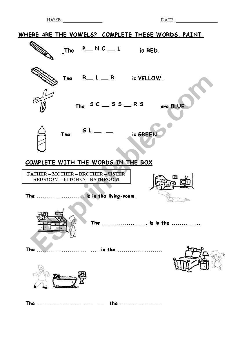 school objects, family, parts of the house