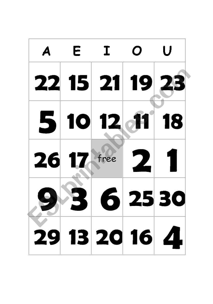 Vowel and number bingo worksheet
