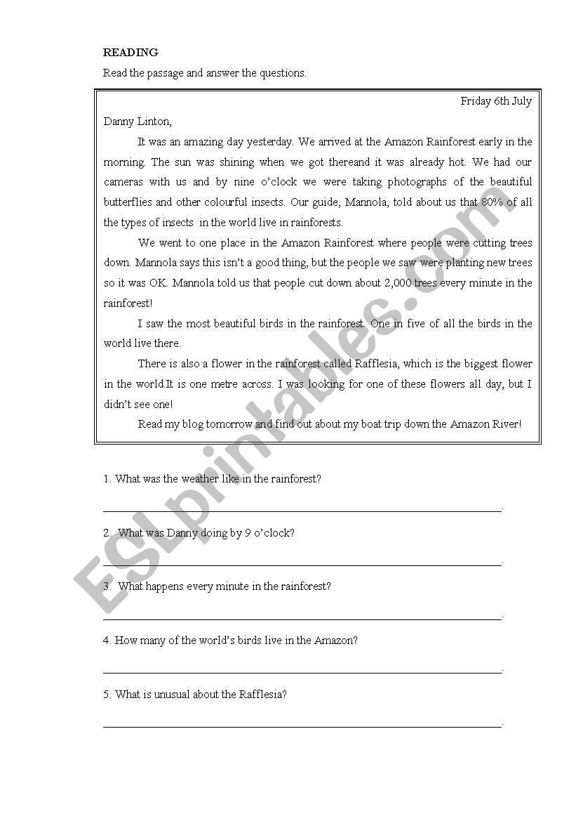 Reading worksheet