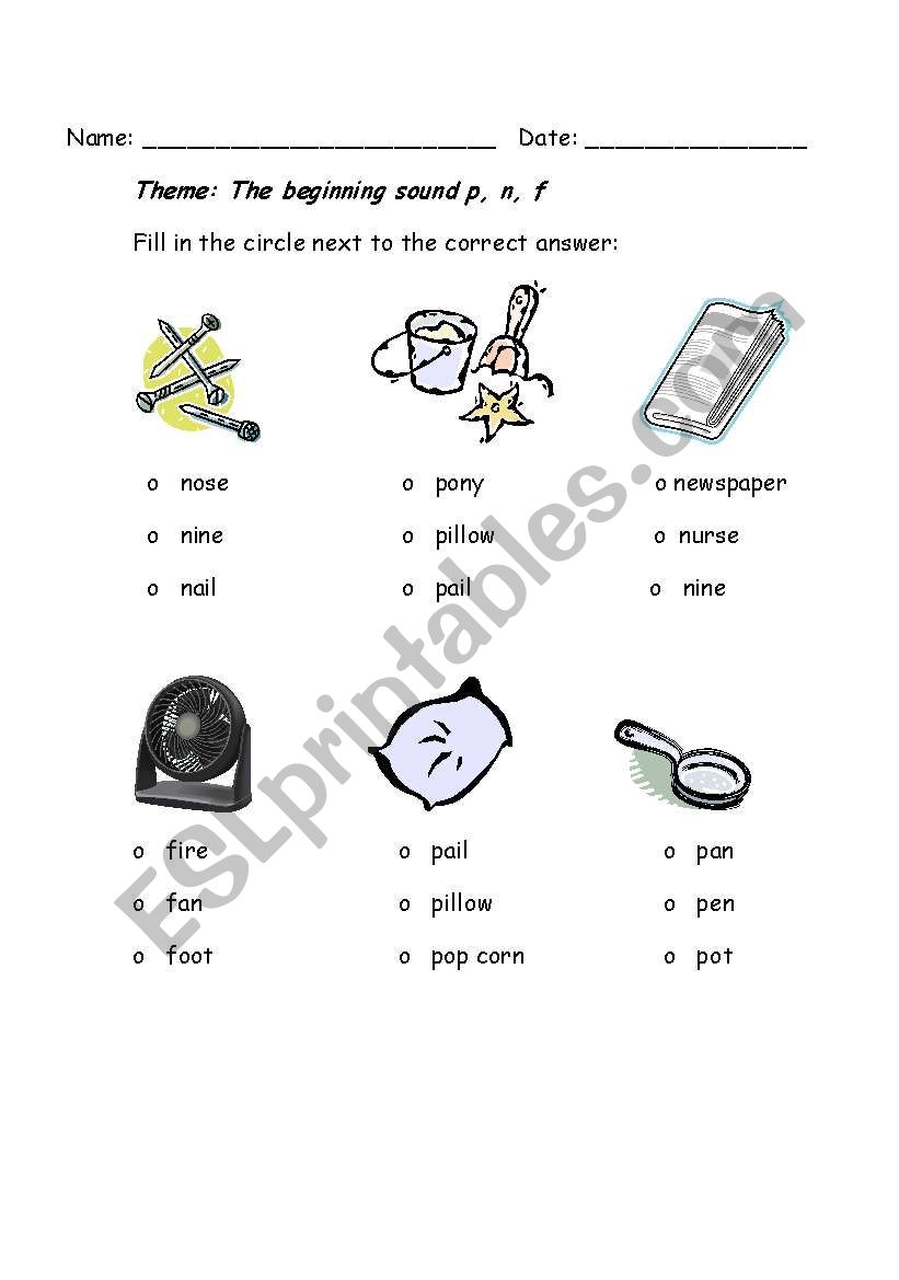 Beginning n, f, p sound worksheet