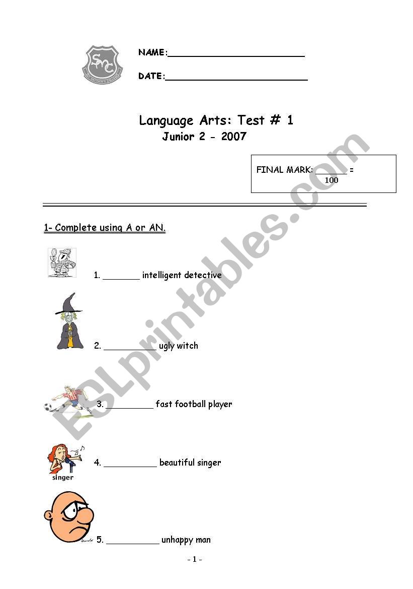 Test on articles an verb to be