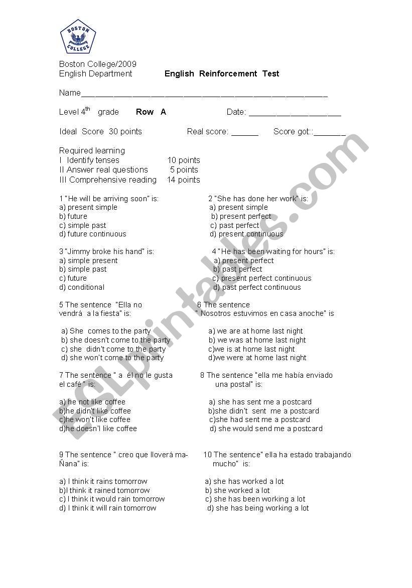 identify tenses worksheet