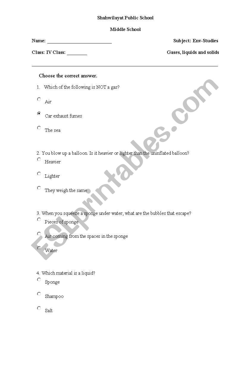 matter worksheet