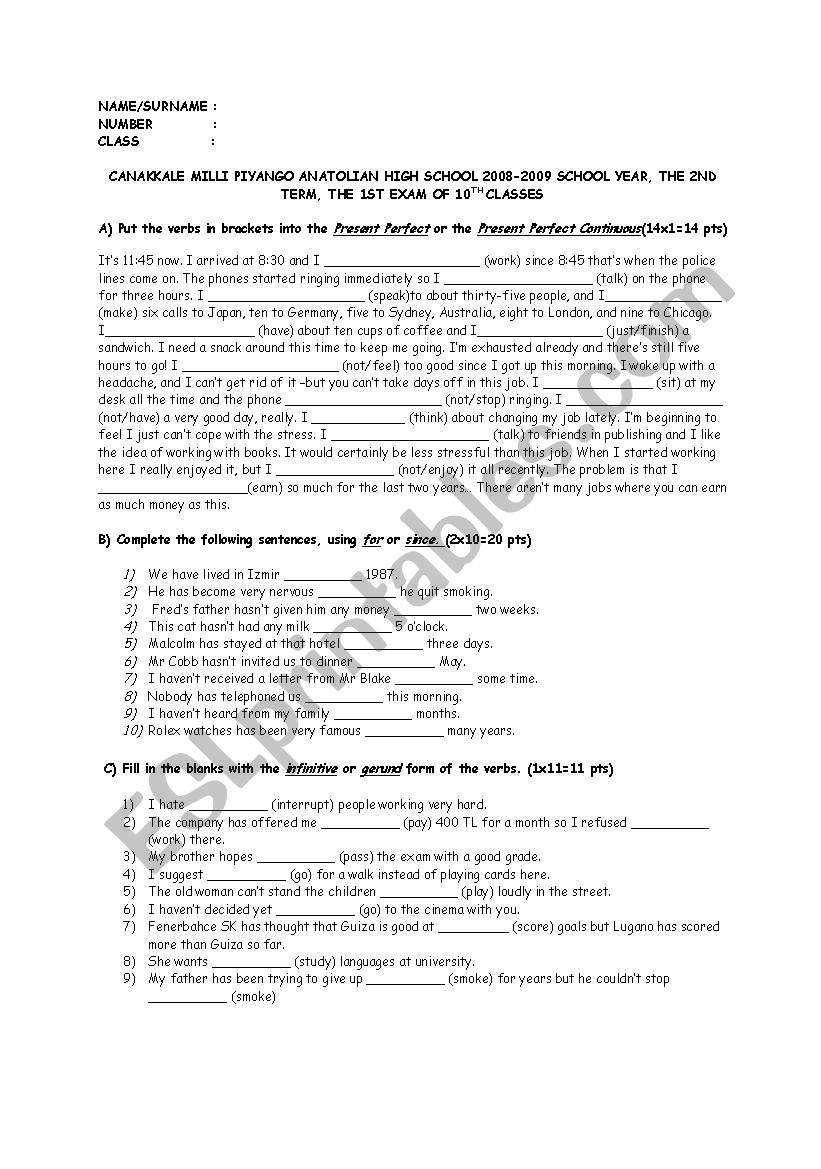 10th exam worksheet