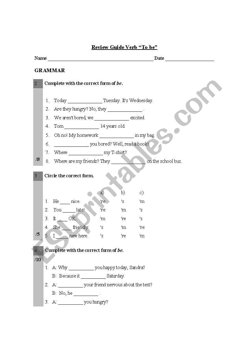 verb to be worksheet