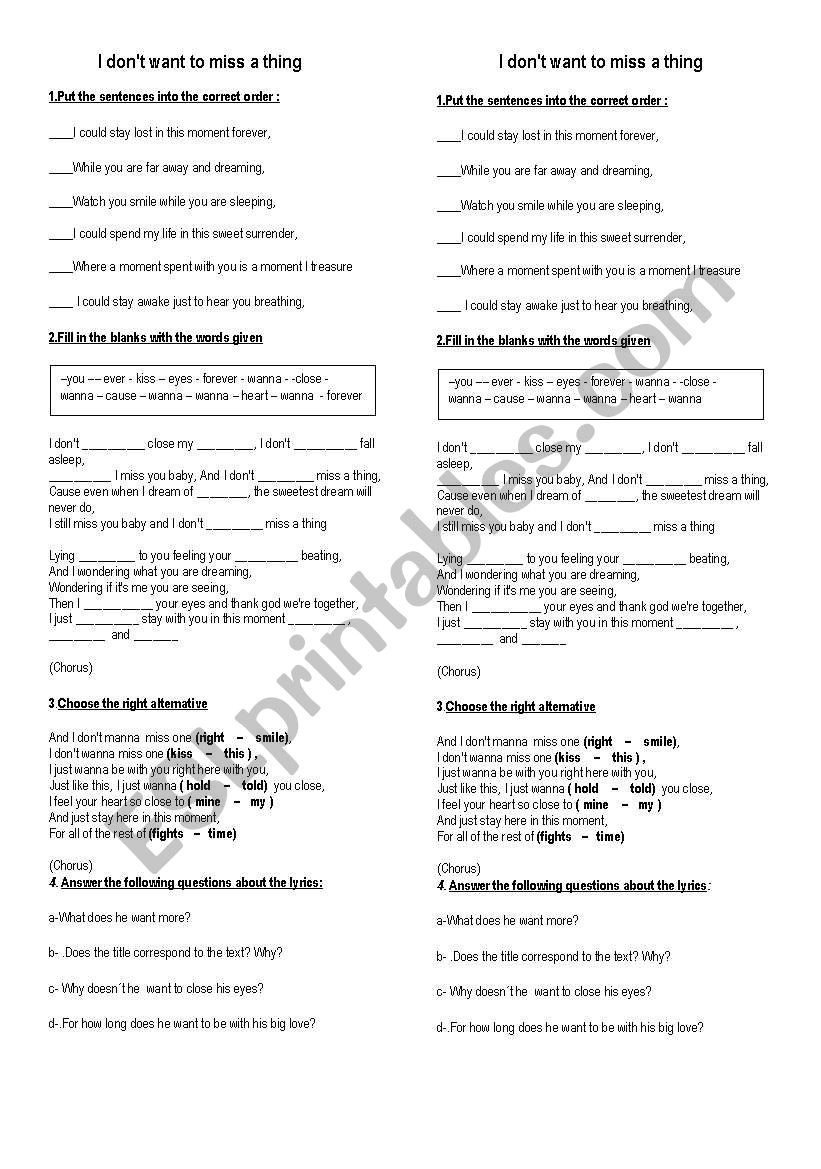 Aerosmith, I don´t wanna miss a thing - ESL worksheet by pauliti