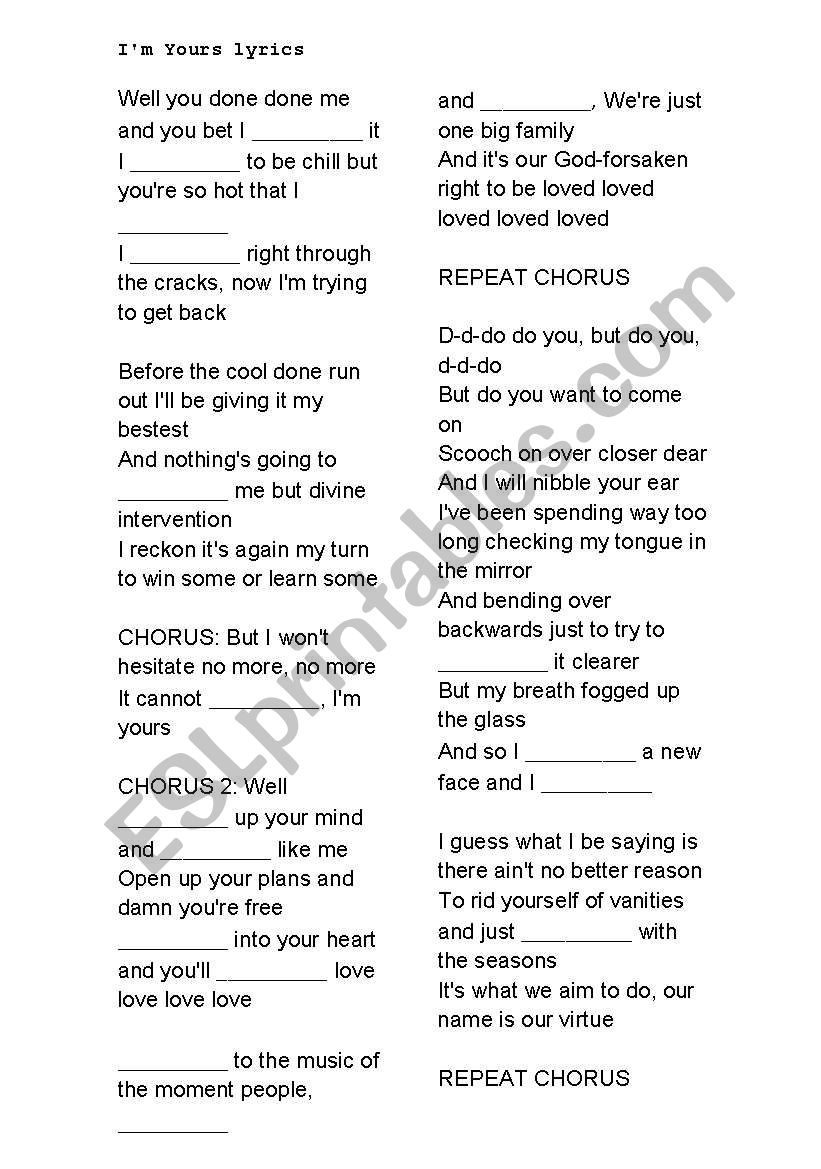 English worksheets: I´m yours - Jason Mraz