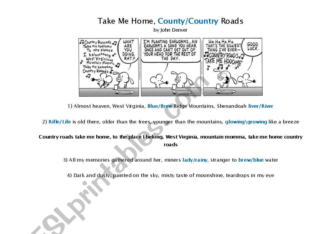 Take Me Home Country Roads Work Sheet