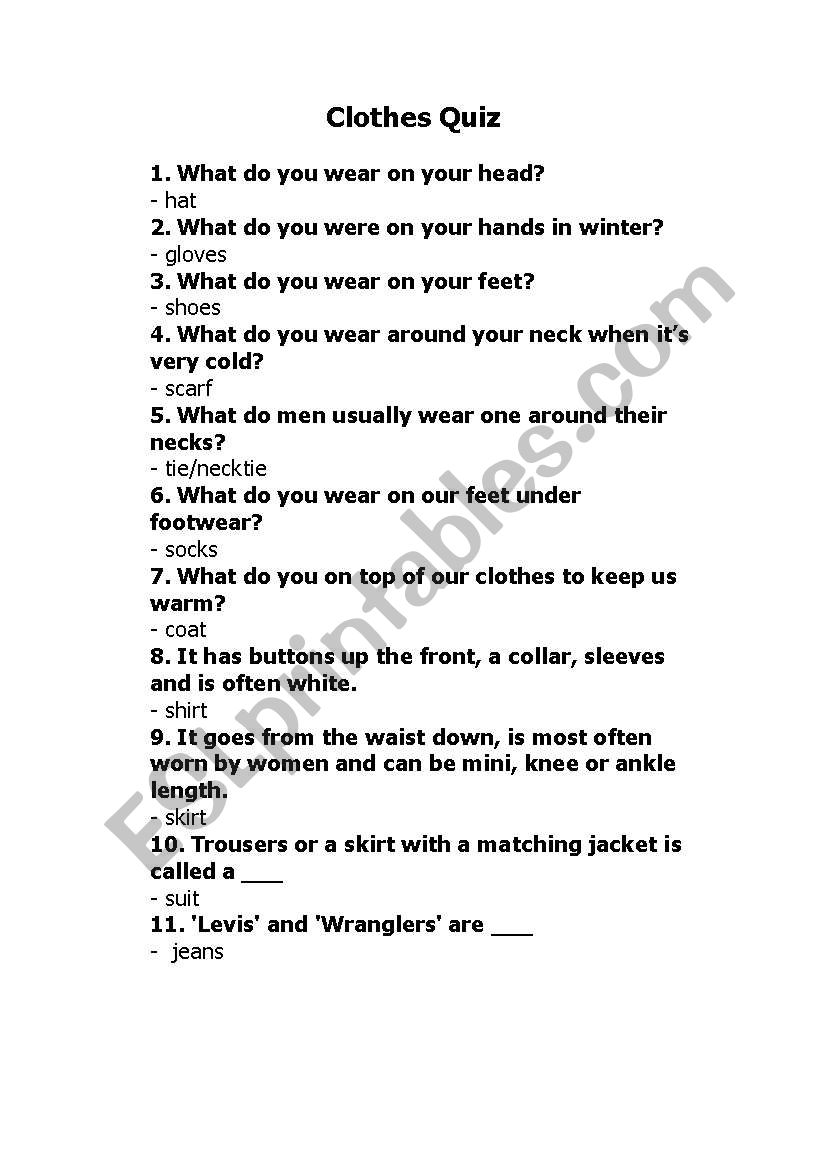 English worksheets: clothes quiz