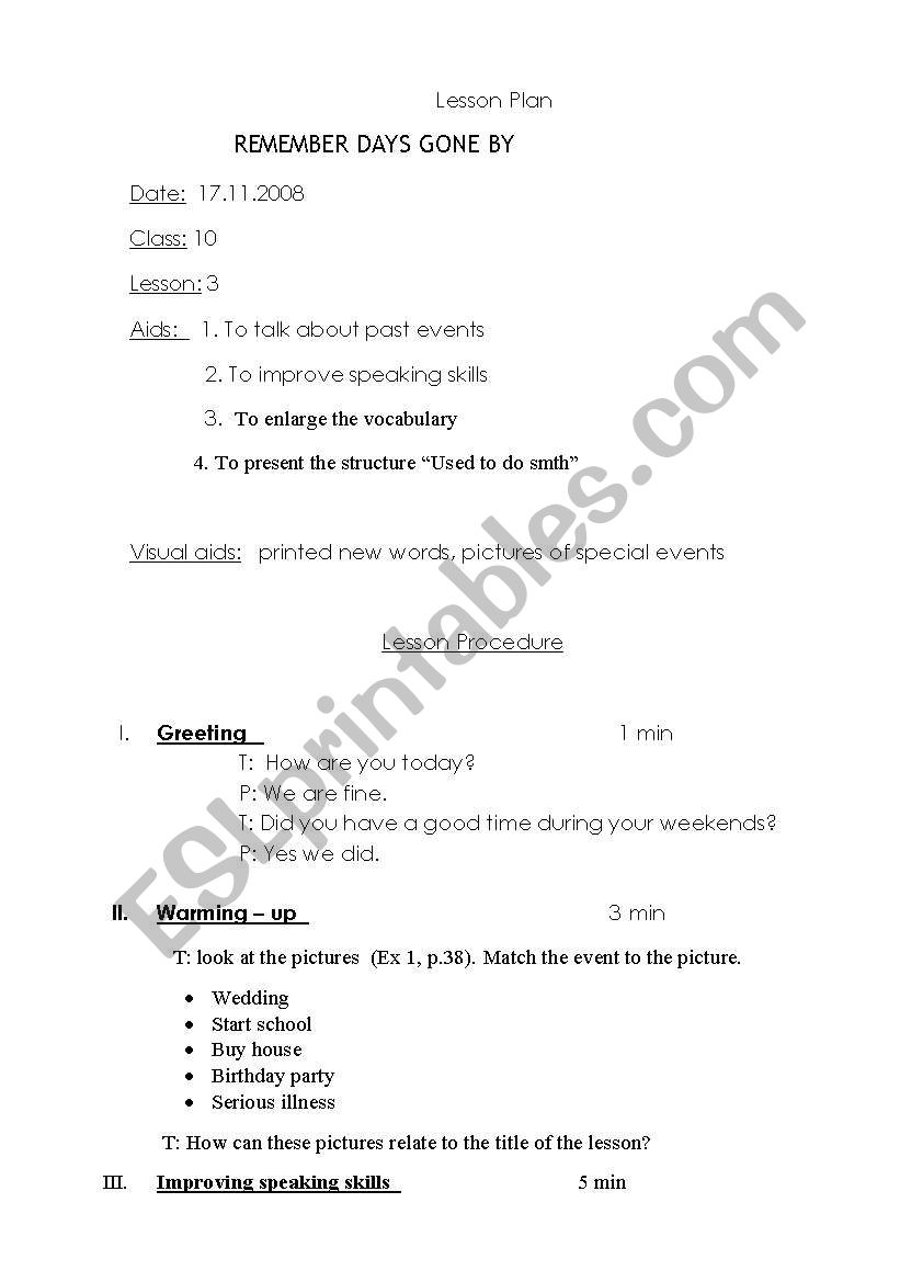 Remember Days Gone By worksheet
