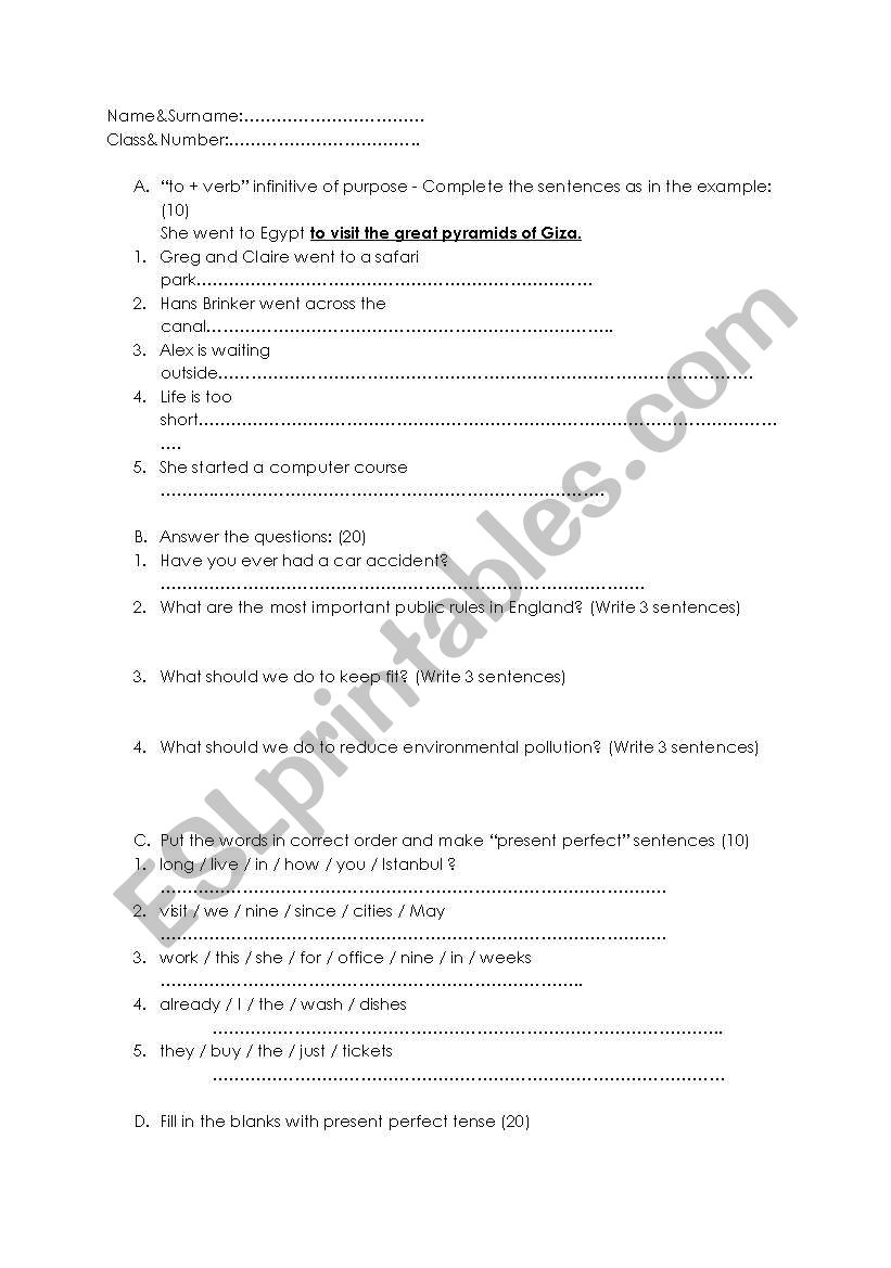 Quiz (present perfect t.) worksheet