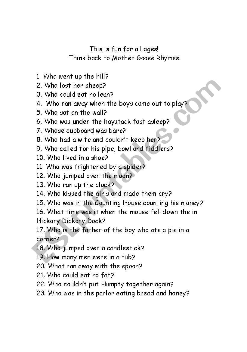 Mother Goose Rhymes worksheet