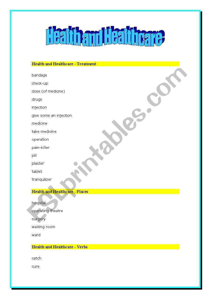 health and healthcare worksheet