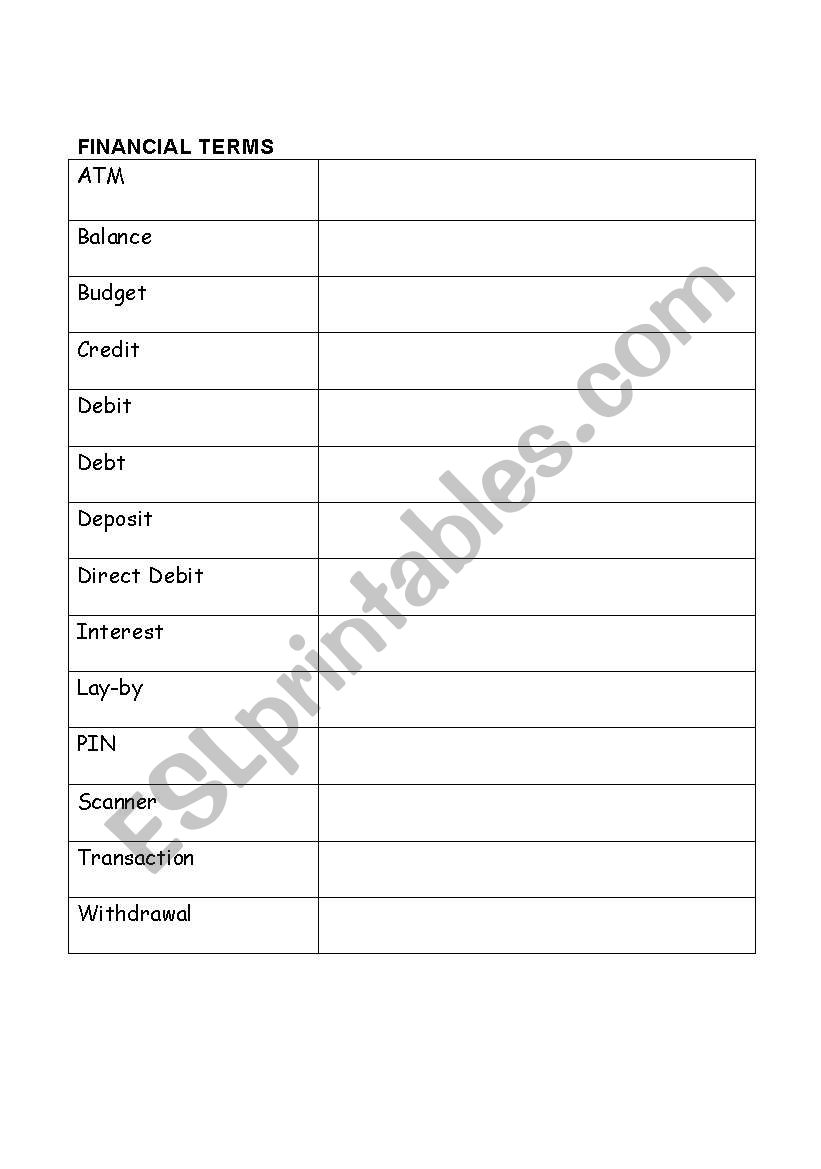 Financial Terms worksheet