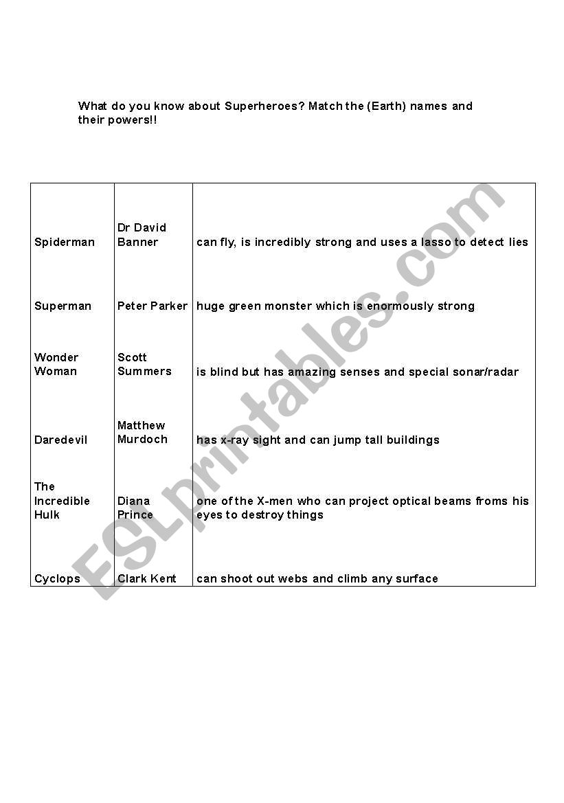 super heroes   worksheet