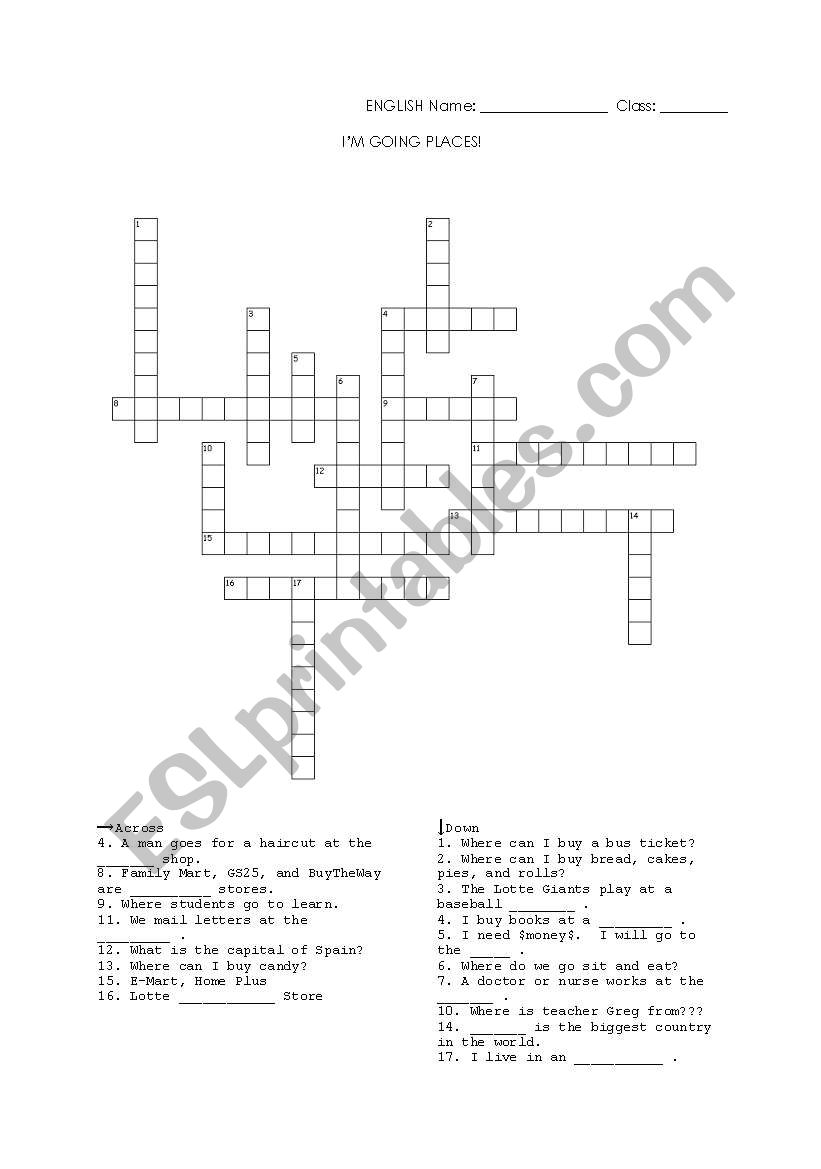 Places around town, crossword worksheet