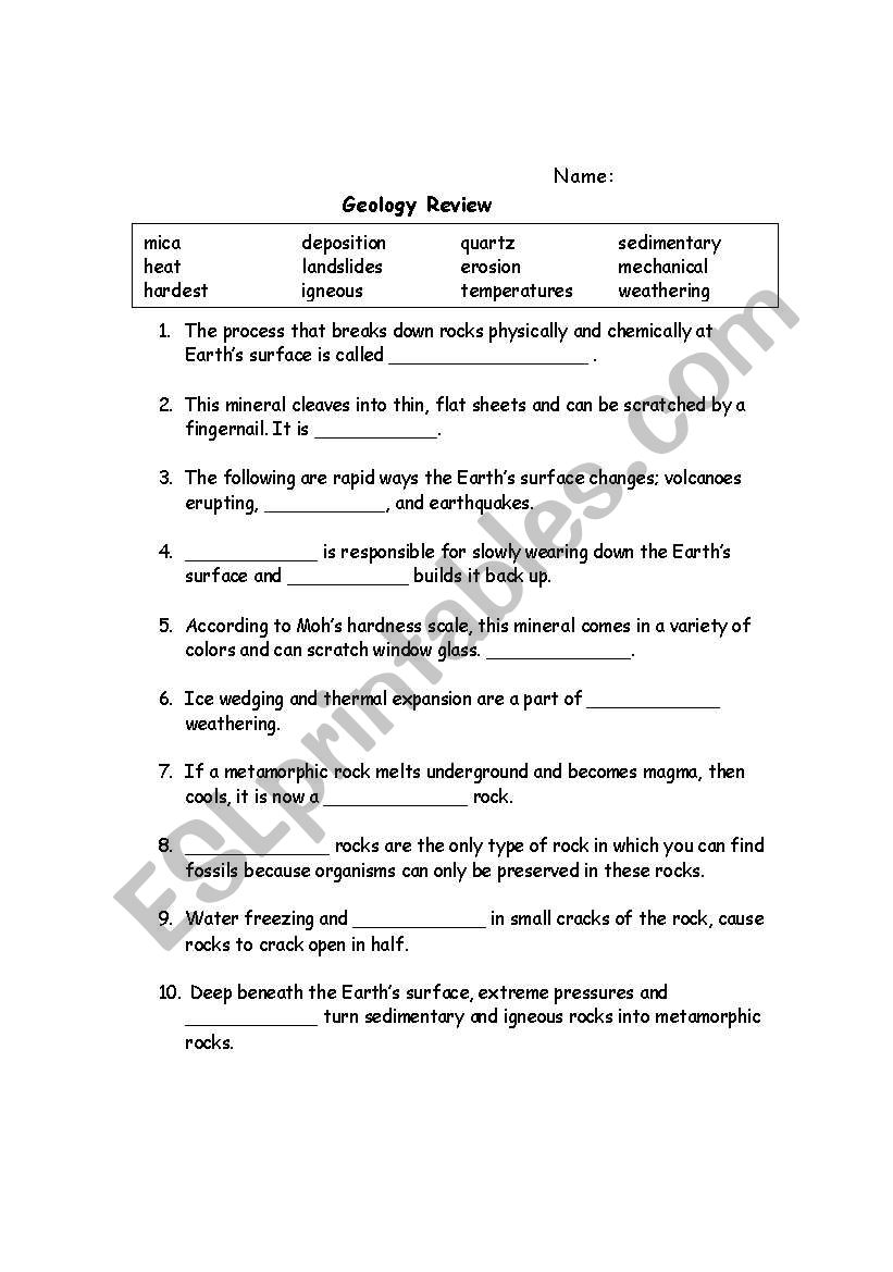 Geology Review  worksheet