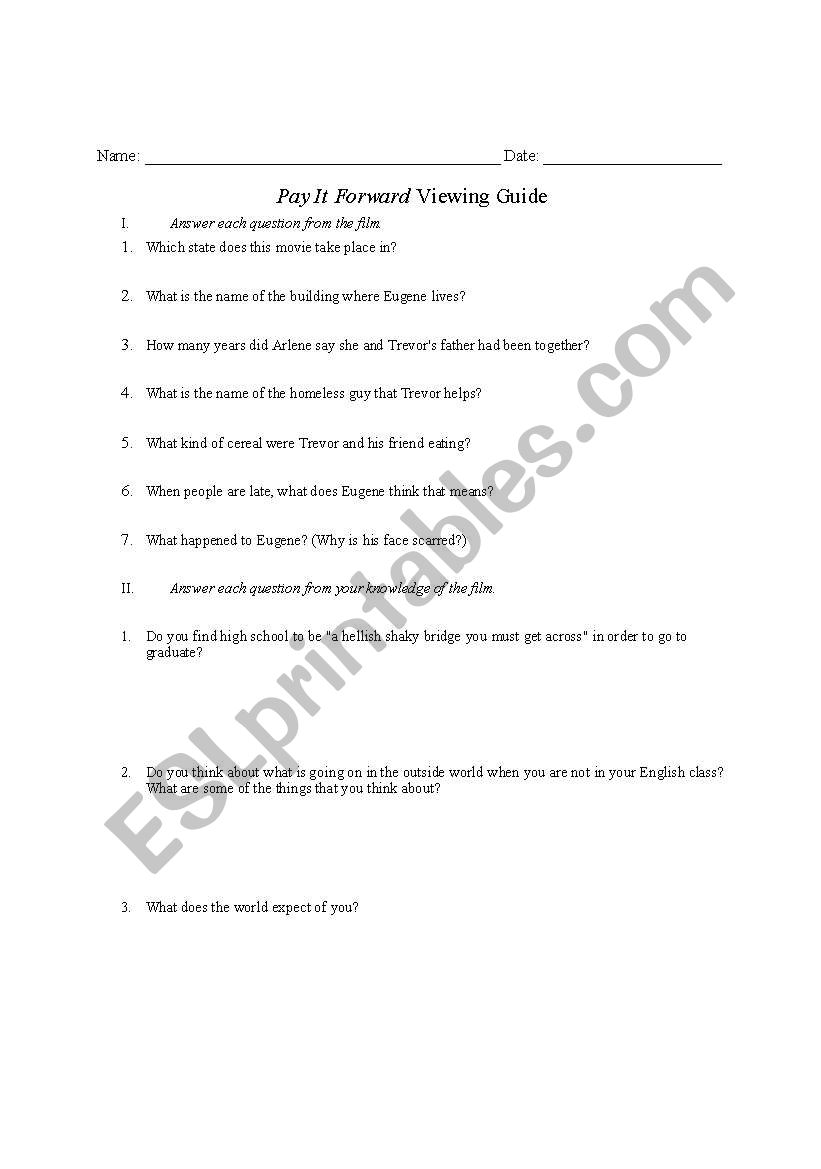 Pay It Forward Viewing Guide worksheet