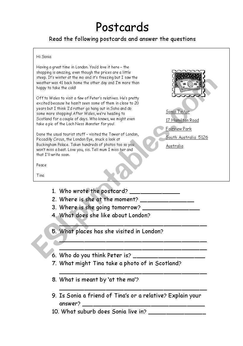 Postcards worksheet