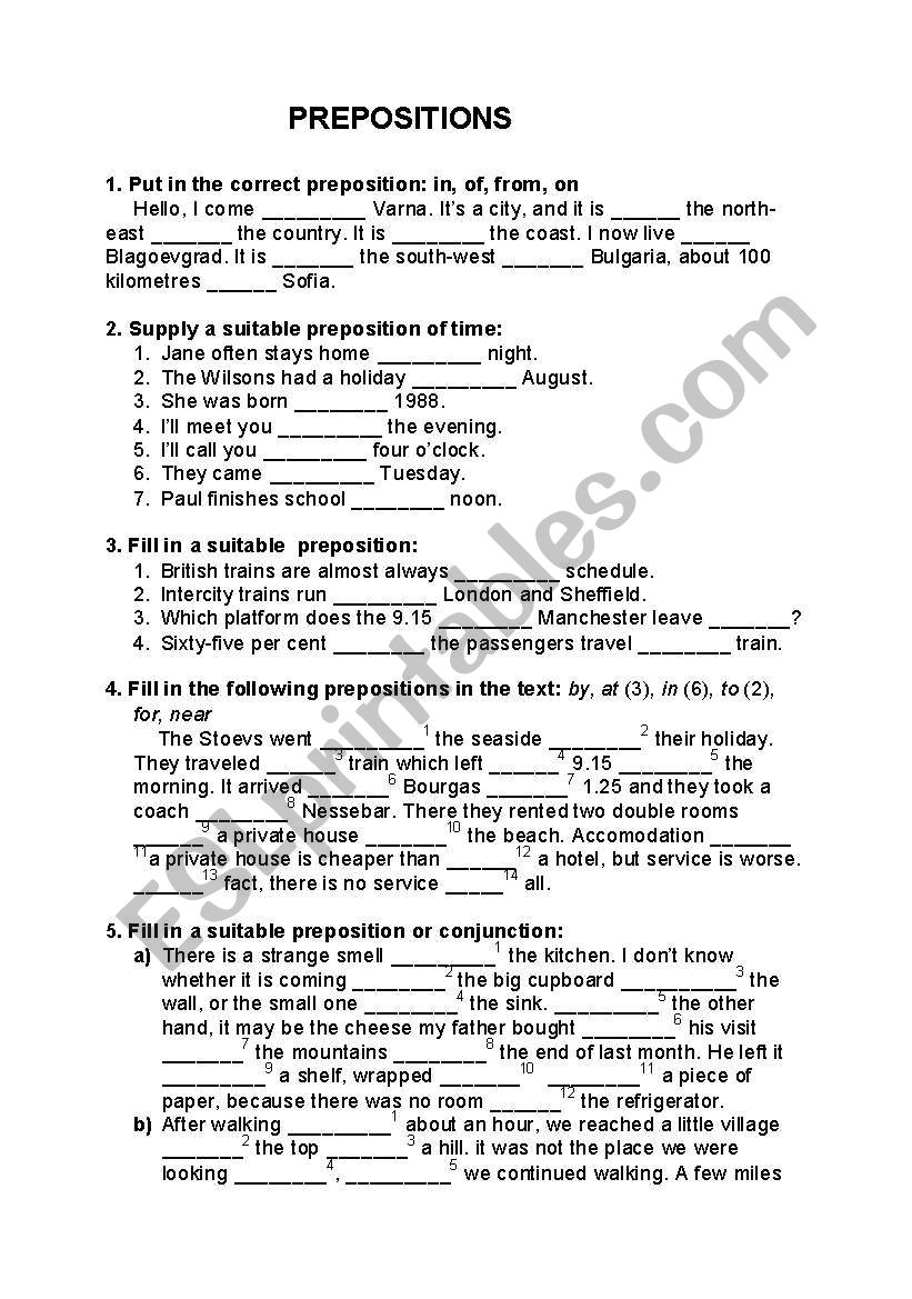 Prepositions worksheet