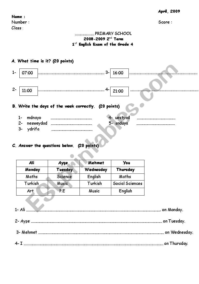 English worksheets: an exam for grade 4