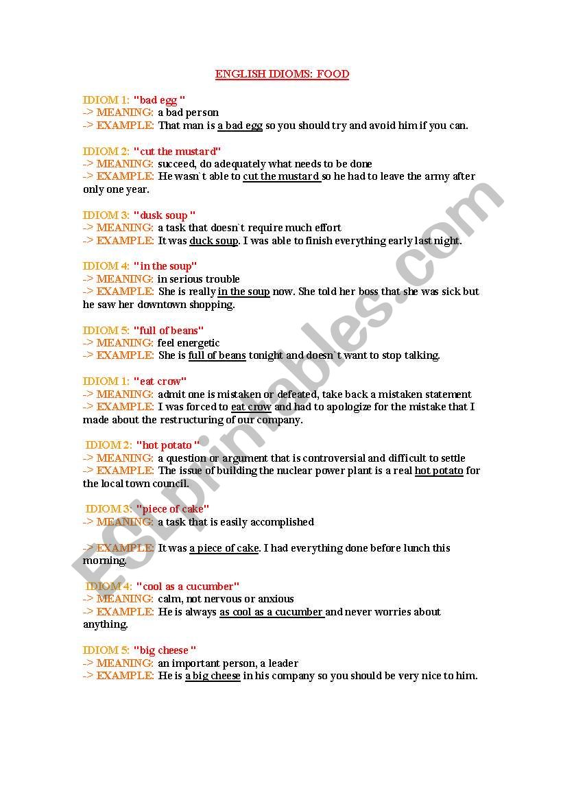 FOOD IDIOMS worksheet