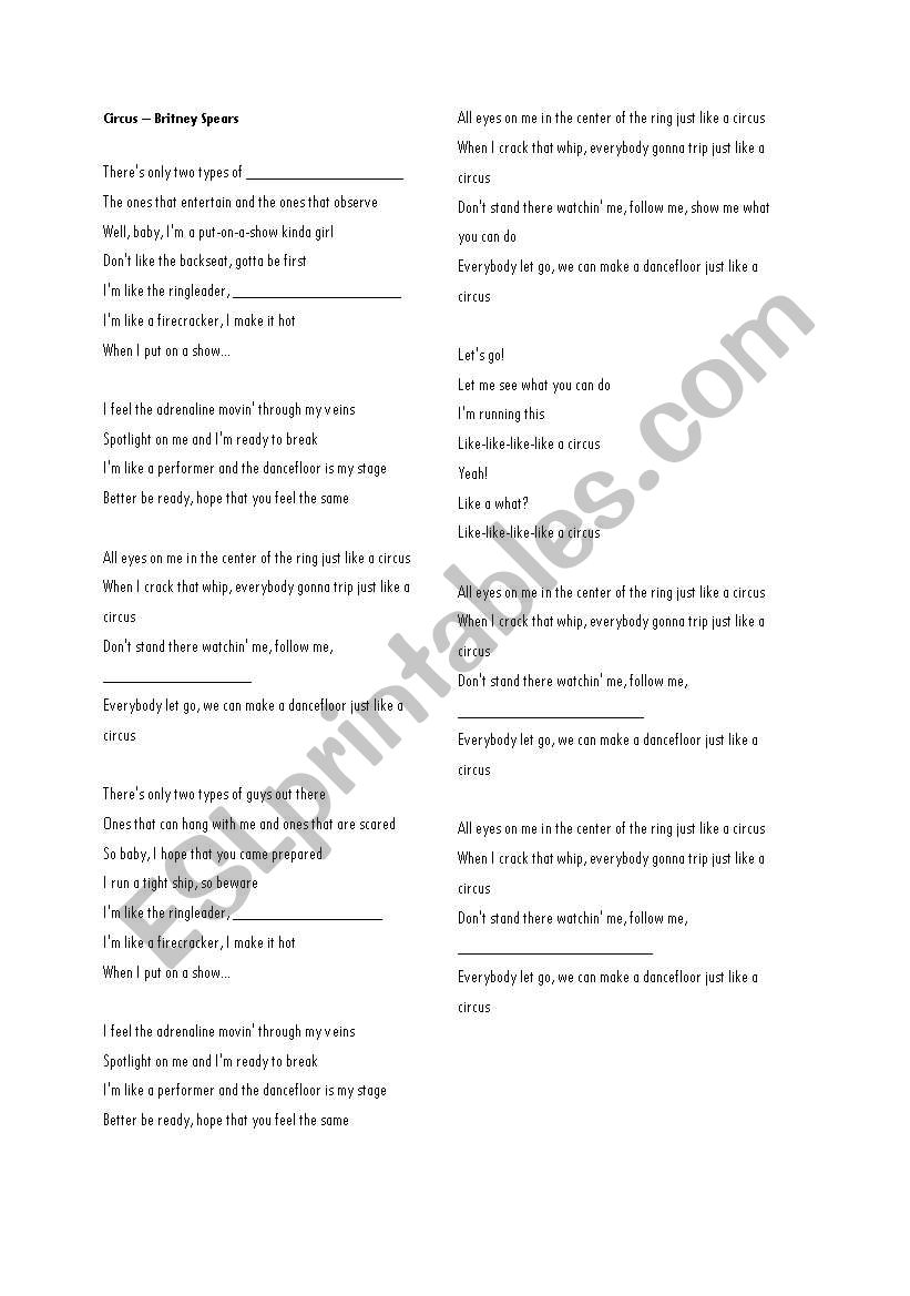 Circus - Britney Spears worksheet