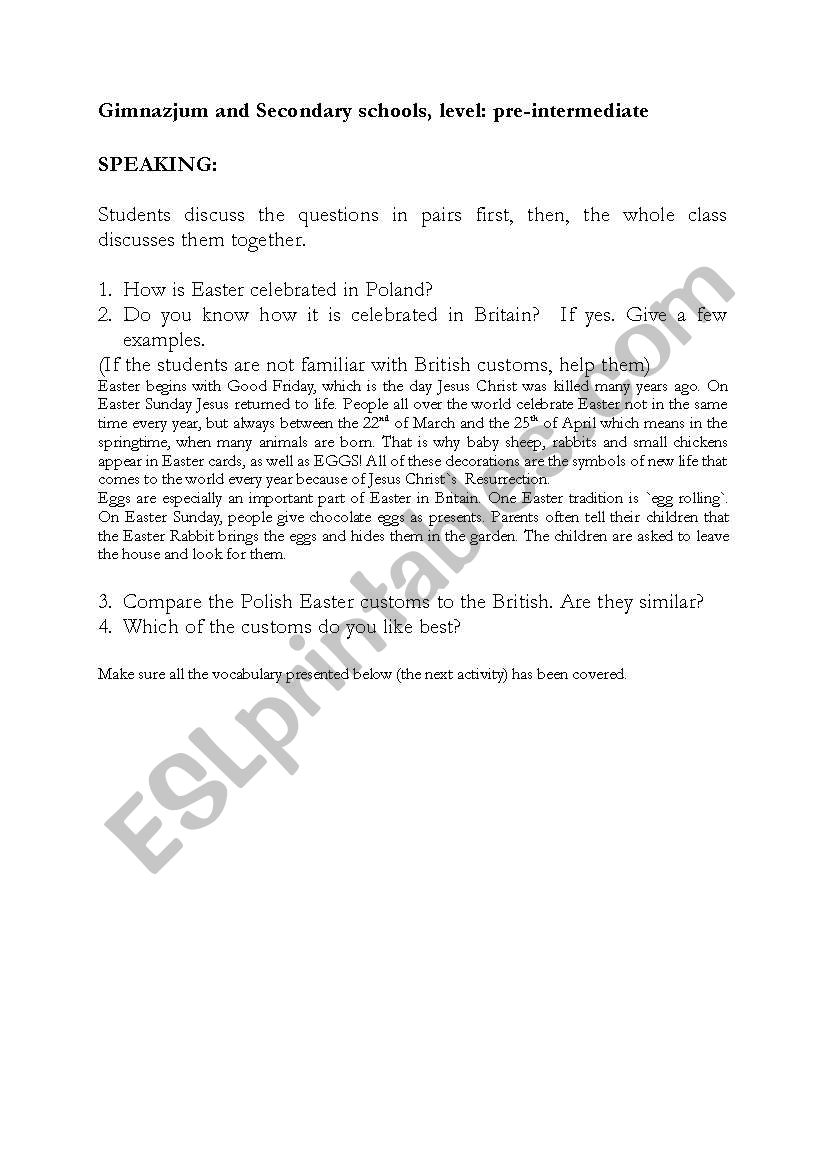 Easter speaking worksheet