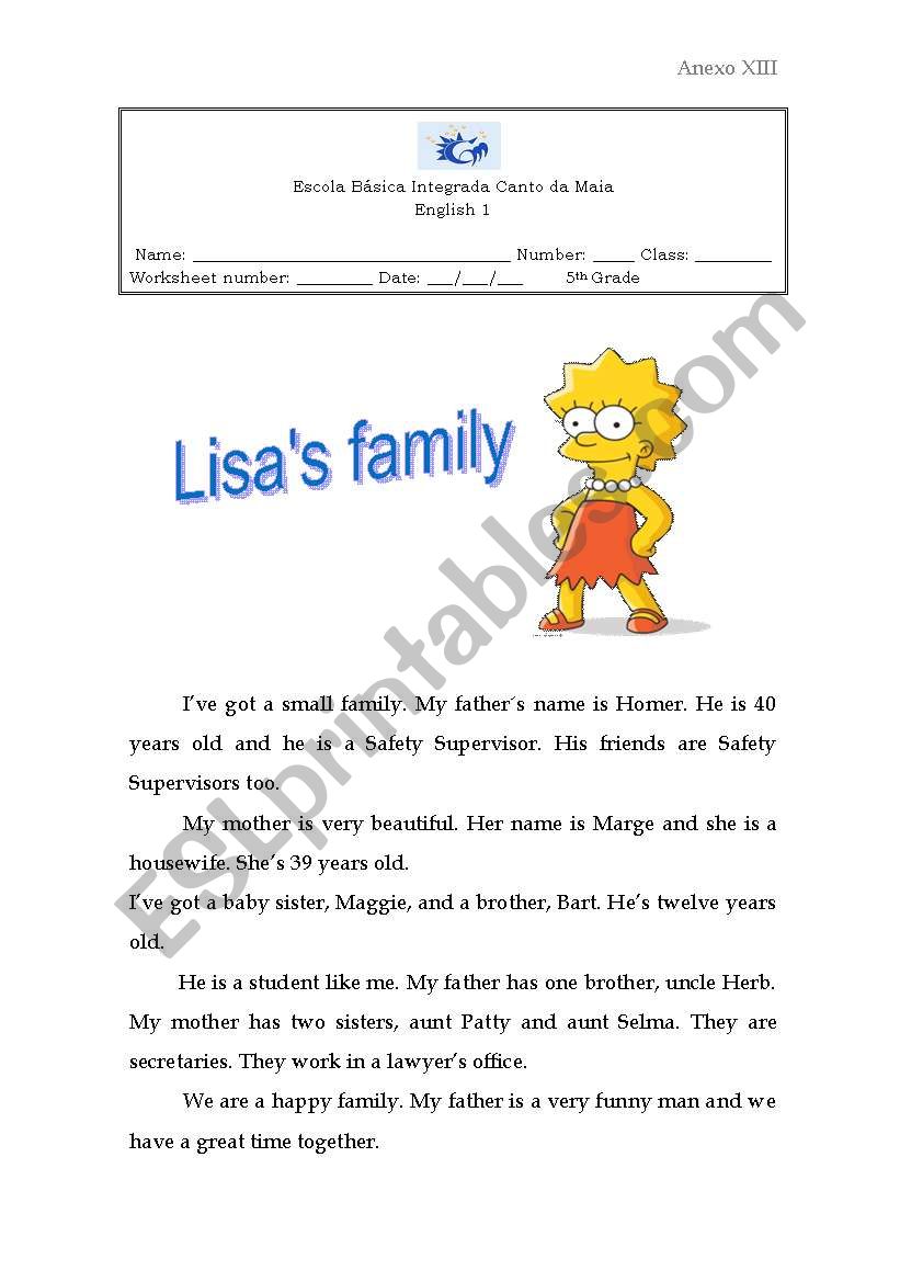 Lisas family text worksheet