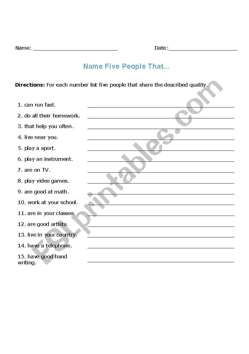Name 5 People Who... worksheet