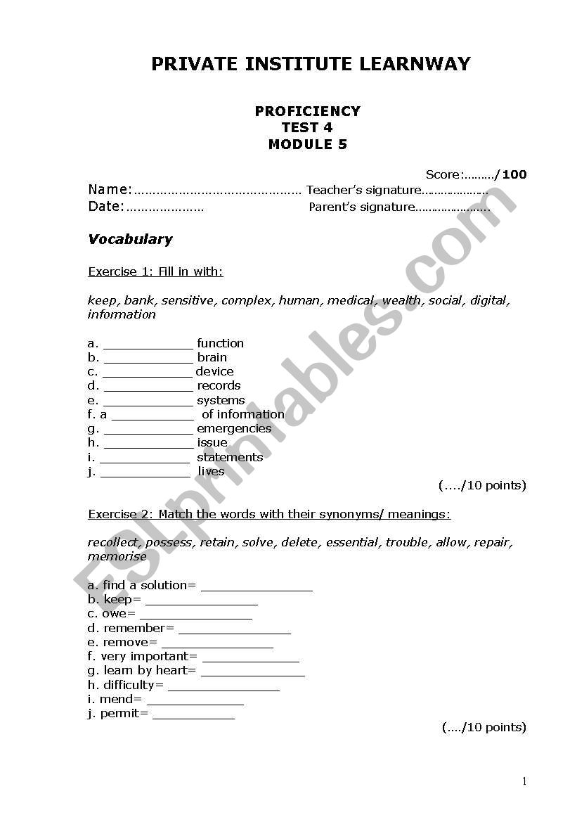 test proficiecy worksheet