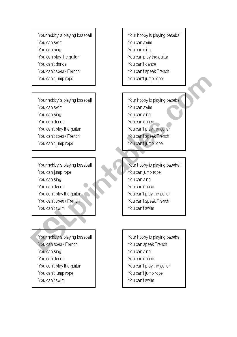 Hobby Card Game worksheet