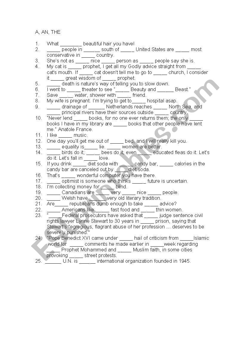 Articles worksheet