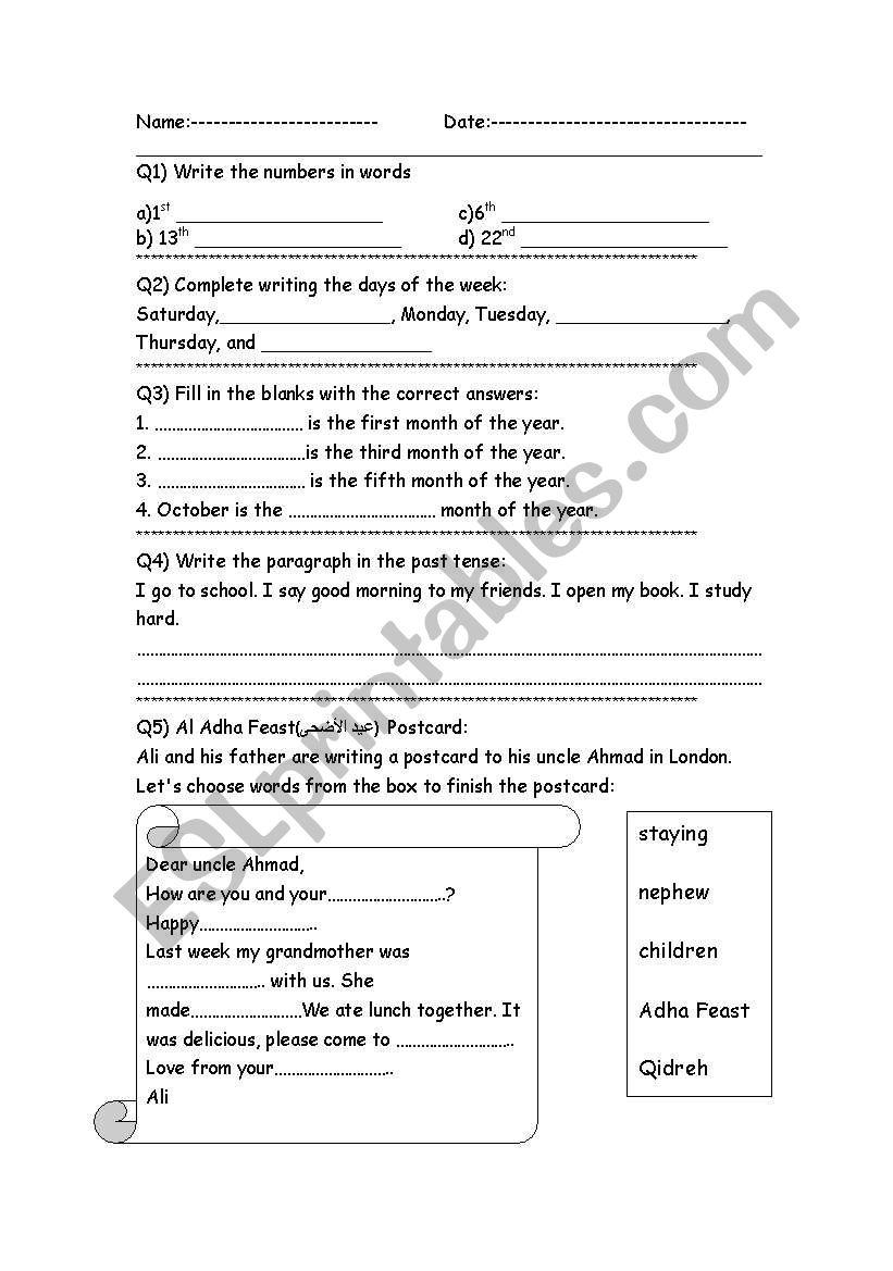 ordinal numbers worksheet