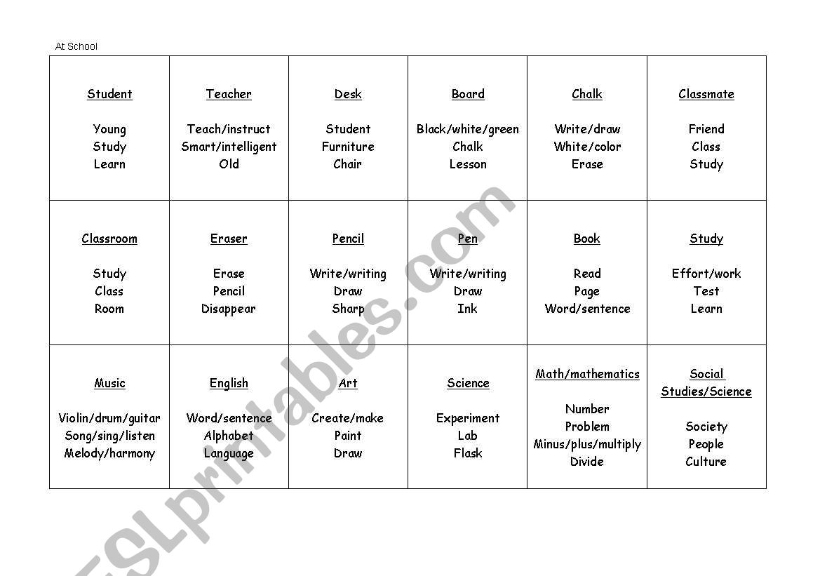 Taboo Cards - At Shool worksheet