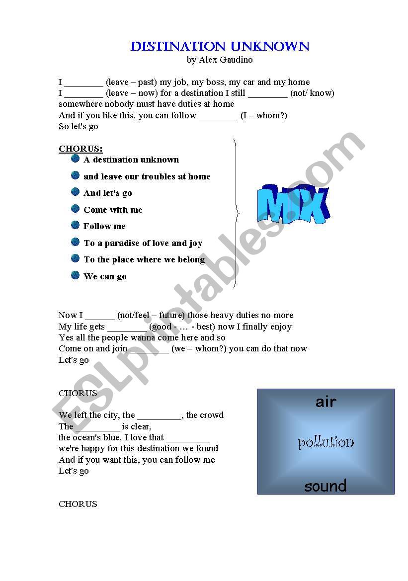 Song - Destination Unknown worksheet