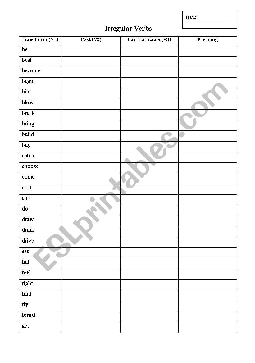 Irregular Verb Form worksheet