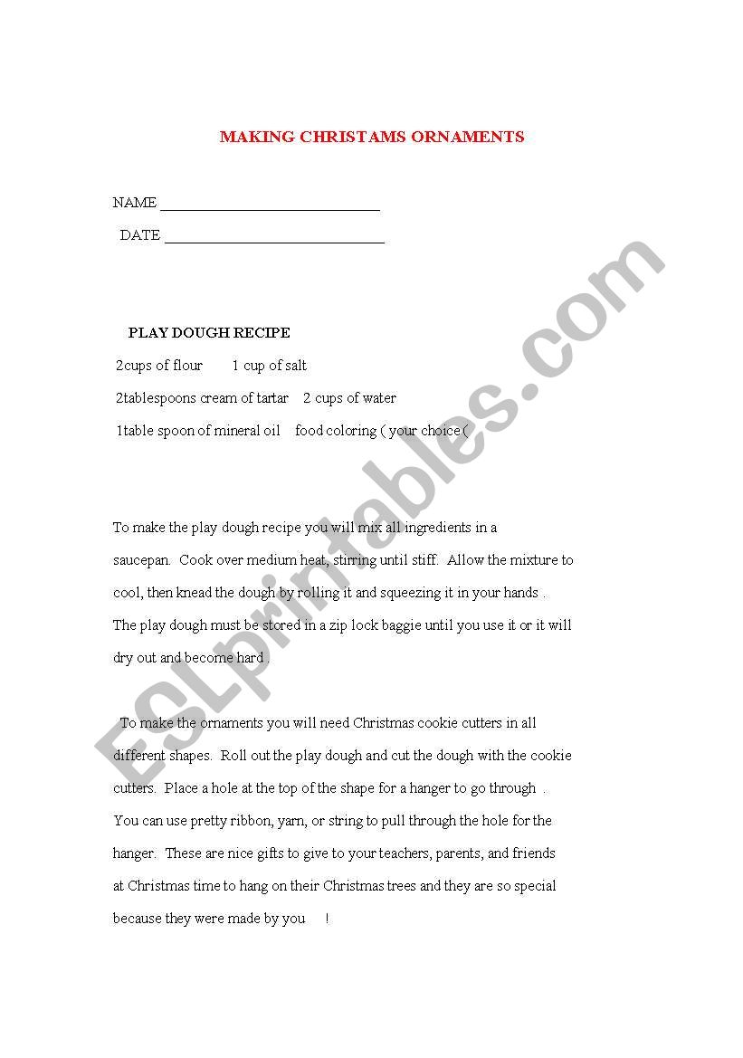 MAking christmas ornaments worksheet