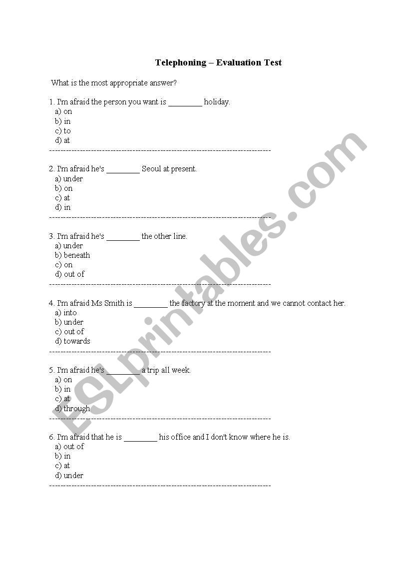 Telephoning competency test worksheet