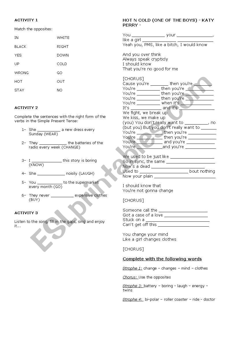 OPPOSITES - HOT N COLD LYRICS worksheet