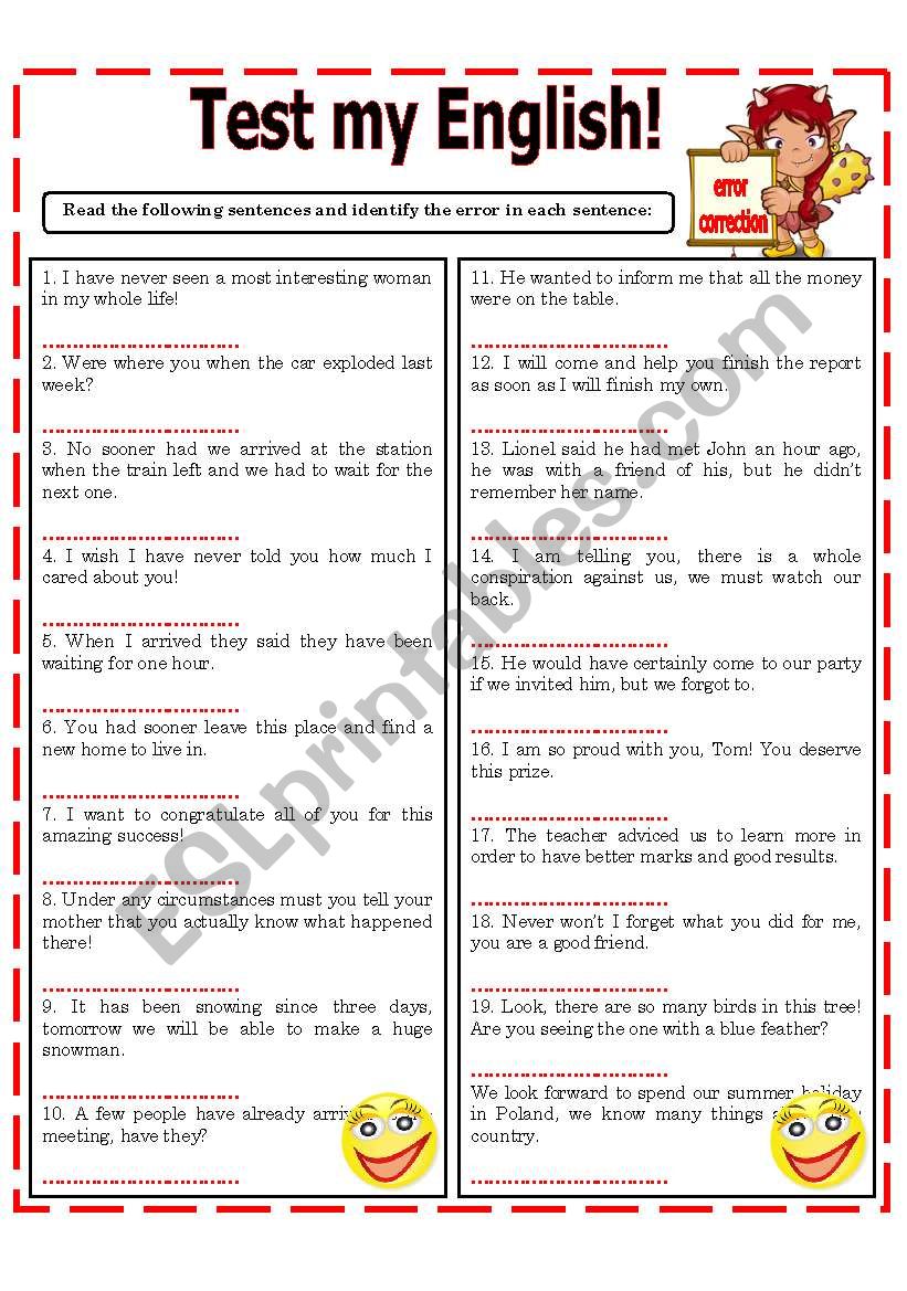 TEST MY ENGLISH ERROR CORRECTION ESL Worksheet By Domnitza