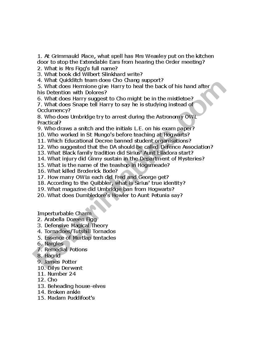 Harry Potter grammar quiz worksheet